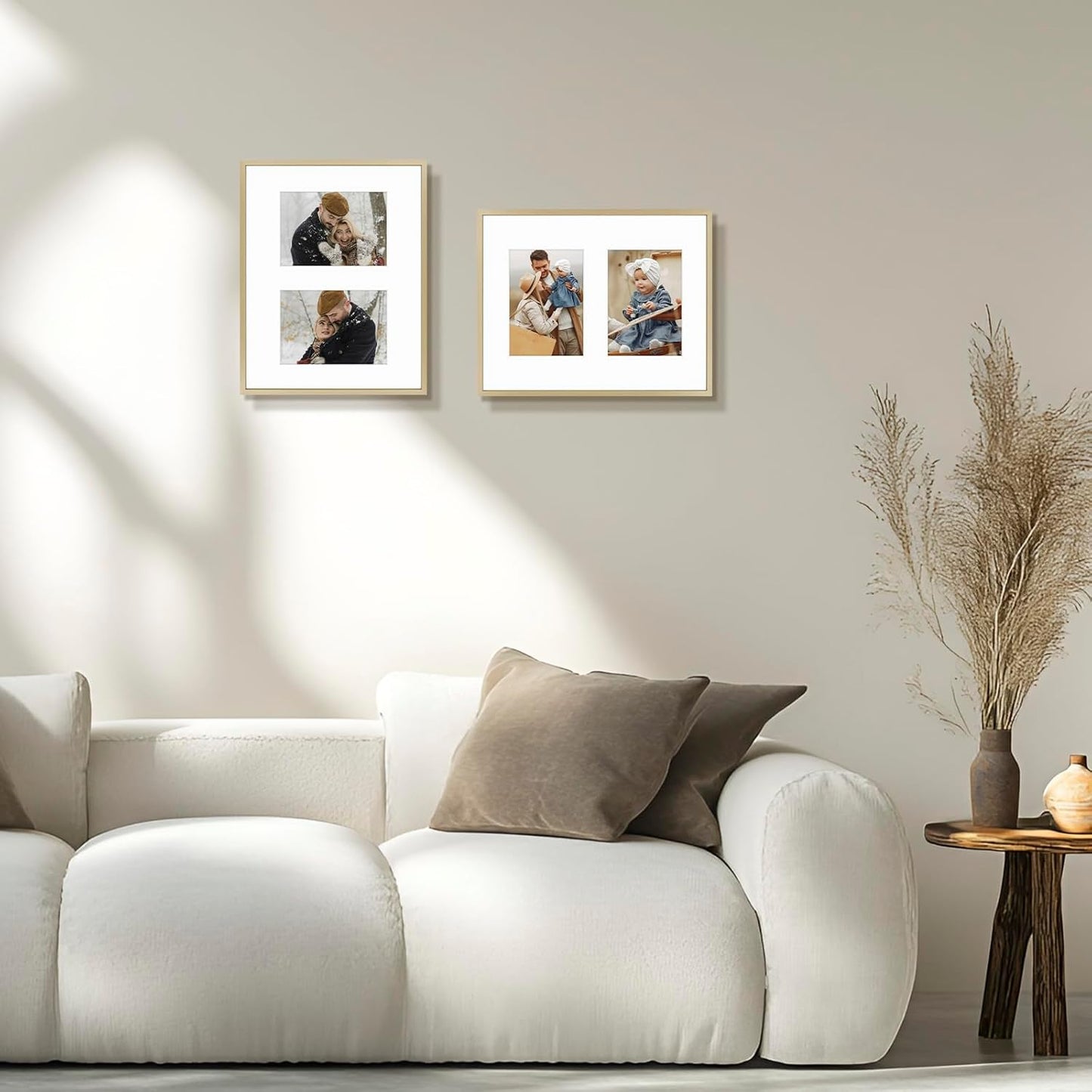 Frametory - 11x14 Aluminum Collage Picture Frame - Display 5x7 Pictures with 2 Openings Mat - Real Glass Front - Horizontal/Vertical Wall Mount - Gold 1 Pack