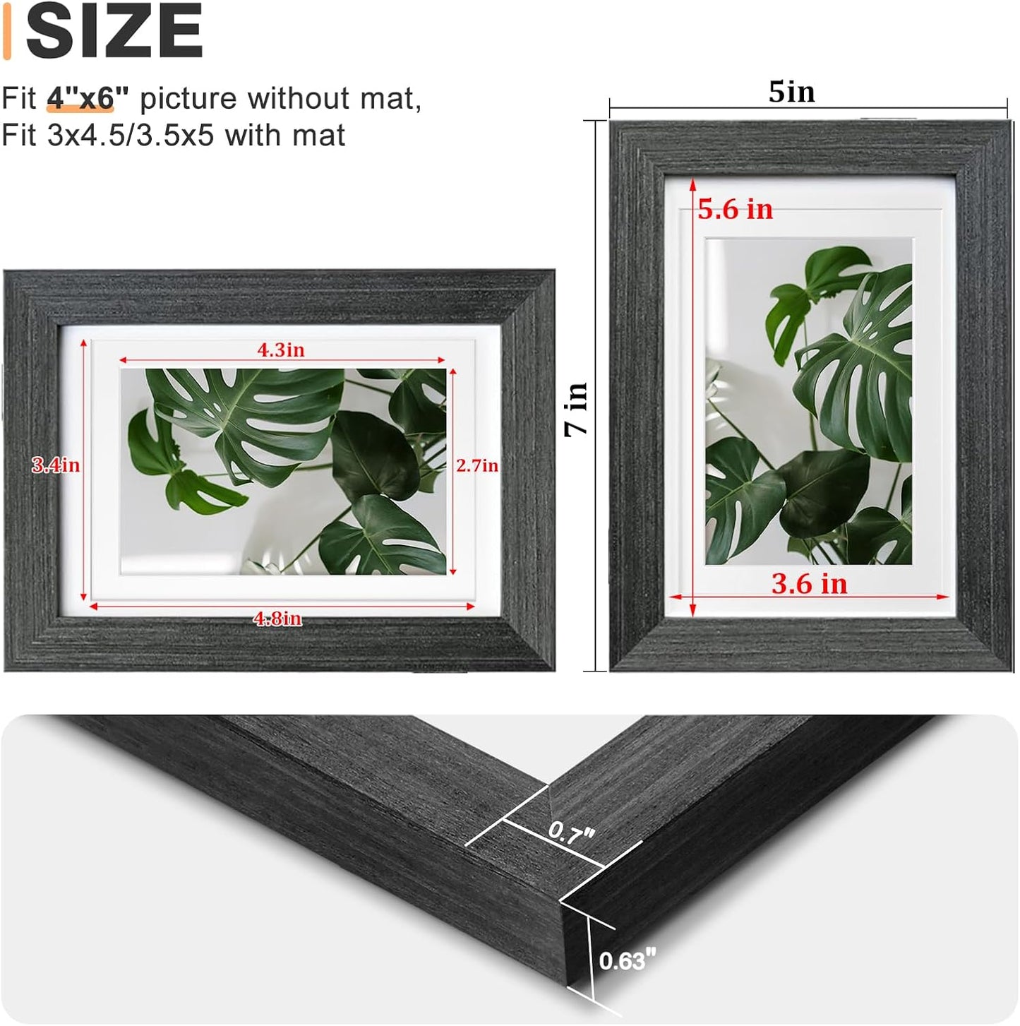 Egofine 4x6 Picture Frames Set of 4, Made of Solid Wood Covered by Plexiglass 3.5x5 with Mat or 4x6 without Mat, for Table Top Display and Wall Mounting Photo Frame Rustic Black