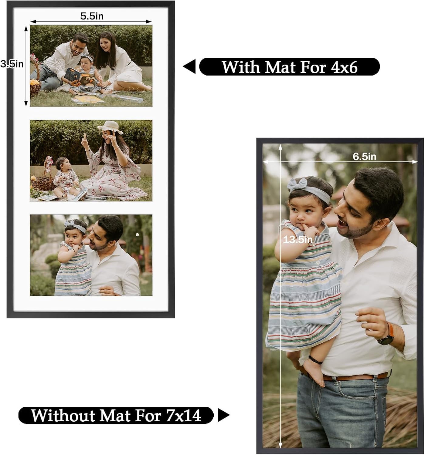 Frametory - 7x14 Aluminum Collage Picture Frame - Display 4x6 Pictures with 3 Openings Mat - Real Glass Front - Horizontal/Vertical Wall Mount - Black 1 Pack