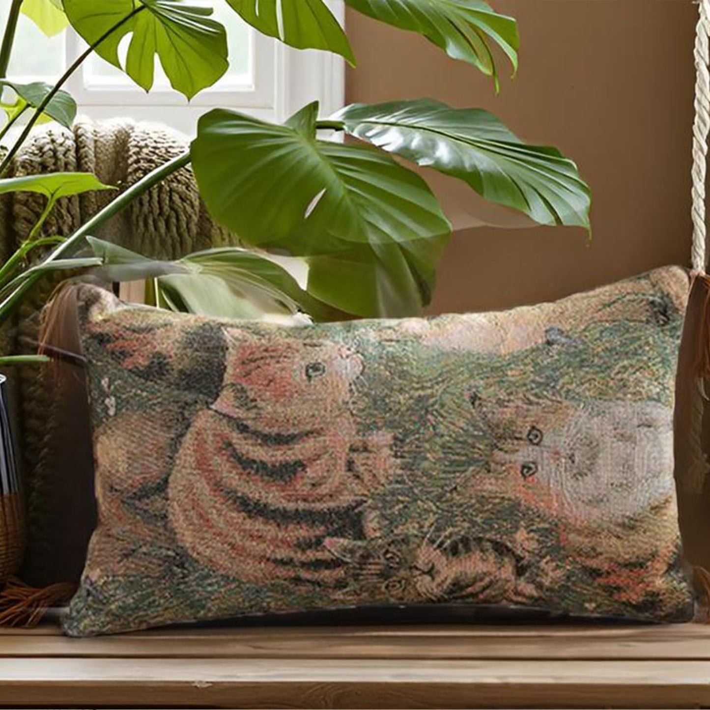 Cute Cat Garden Lumbar Throw Pillow Cover 12x 20, Art Painting Linen Pillow Cushion Cases, Farmhouse Decorative Pillows for Bed, Outdoor Couch Bedroom Car Green