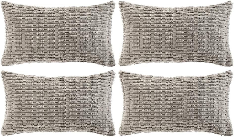 Fancy Homi 4 Packs Grey Decorative Throw Pillow Covers 12x20 Inch for Living Room Couch Bed, Rustic Modern Farmhouse Boho Home Decor, Soft Plush Corduroy Gray Cute Square Accent Cushion Case 30x50 cm