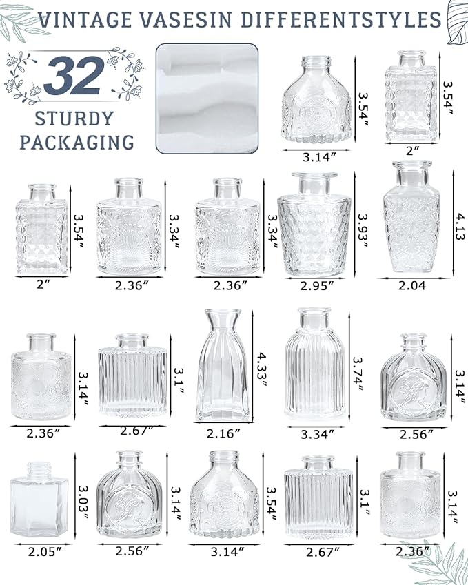 Yirilan Bud Vases Set of 32 PCS, Small Flower Vases for Table Centerpieces, Mini Vases for Single Stem Flowers, Glass Vases for Centerpieces, Wedding & Home Decor, Clear