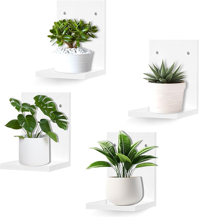 PHOENANCEE Small Wall Shelf Modern,Wooden Mini Floating Shelves,Indoor Wall Mounted Plants Shelf L Shaped,Midcentury Display Decorative Holder for Gallery Living Room Bedroom Porch,Pine,4 Pack(White)