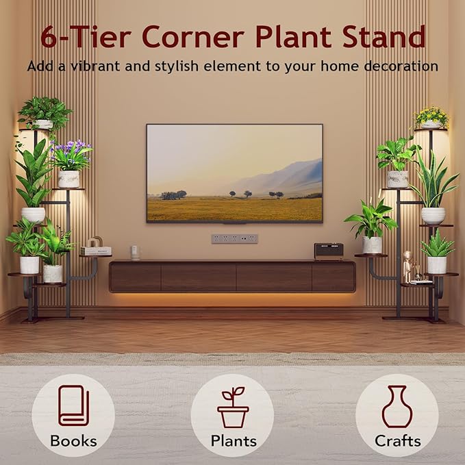 Corner Plant Stand with Grow Light - 6 Tier Plant Stand Indoor Round Metal Plant Shelf with Adjustable Light, Plant Organizer for Living Room, Graden, Home Decor (Brown)