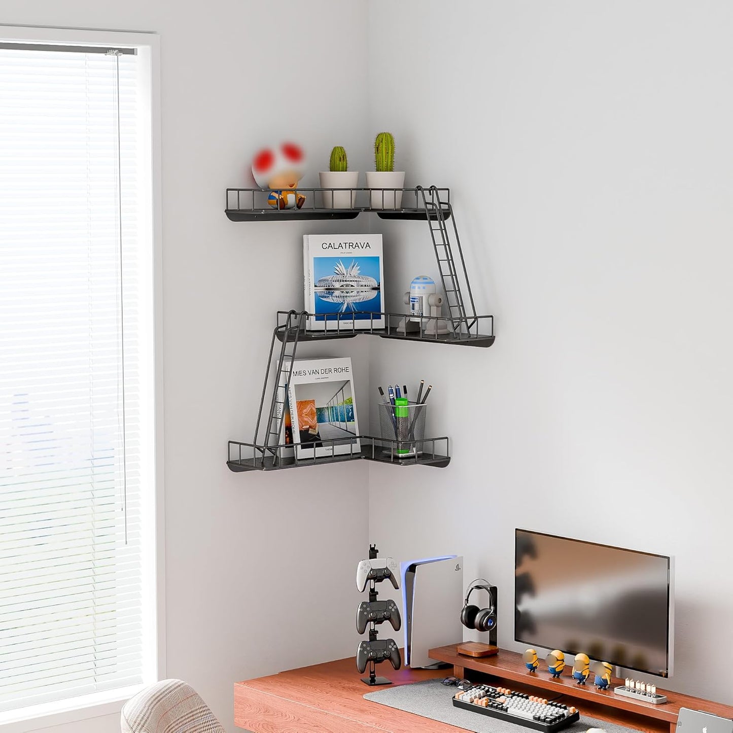 Fire Escape Wall Shelf - Modern City Style 3-Tier Corner Wall Shelves, Easy to Install Metal Ladder Shelf for Figures, New York Decorative Shelves for Bathroom, Living Room & Home Decor,Black