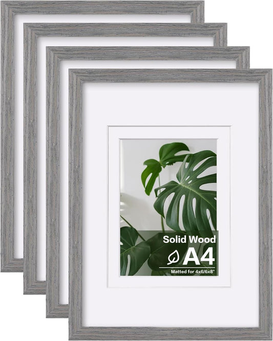 Egofine A4 Picture Frames Set of 4, Made of Solid Wood Covered by Plexiglass 4x6 and 6x8 with Mat or A4 without Mat, for Table Top Display and Wall Mounting Photo Frame Light Grey
