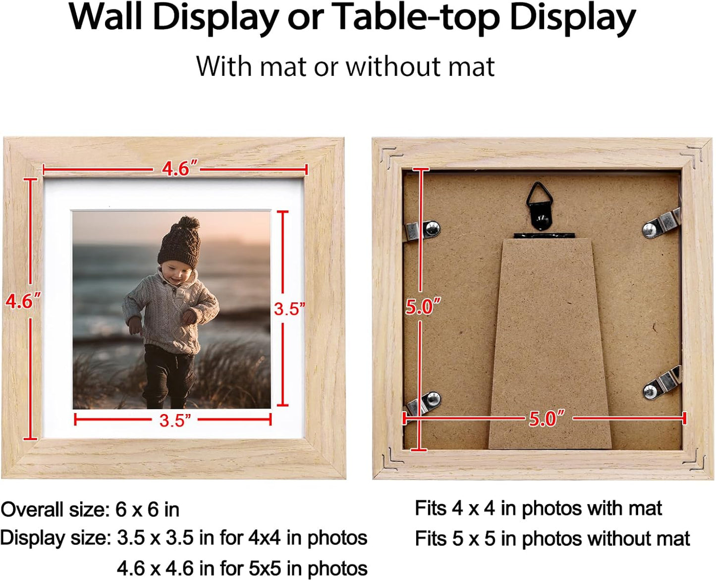 KINLINK 5x5 Picture Frame, Natural Square Solid Wood Frames for Pictures 4x4 with Mat or 5x5 without Mat, Wall and Tabletop Display Photo Frames Natural Wood 4 Pack