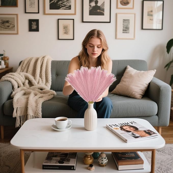 30 Pcs Deep Pink Faux Pampas Grass, 17 Inches Artificial Pampas Grass Bulk, Short Fluffy Faux Pompas for Vase Filler, Home Boho, Wedding Anniversaries, Baby Shower Decoration