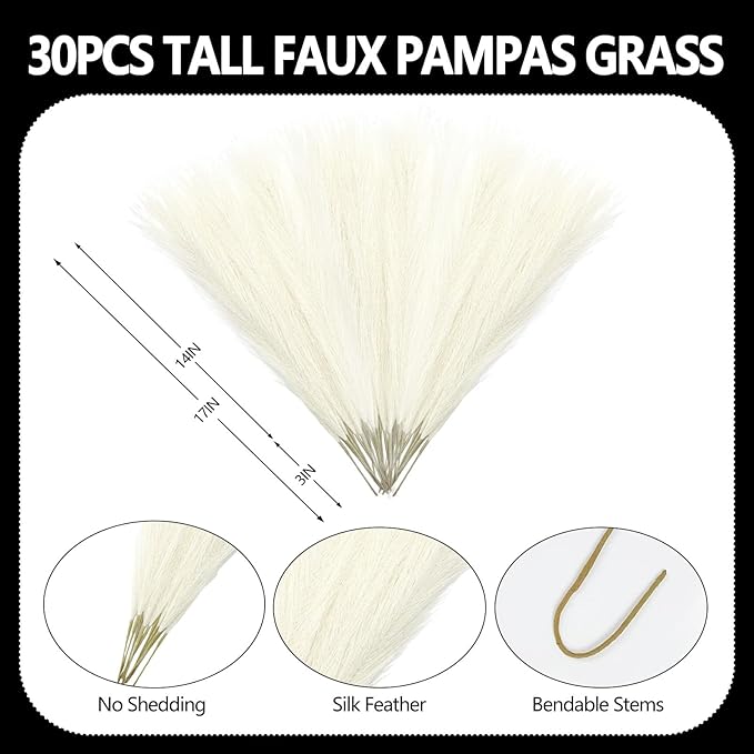 30 Pcs Ivory Faux Pampas Grass, 17 Inches Artificial Pampas Grass Bulk, Short Fluffy Faux Pompas for Vase Filler, Home Boho, Wedding Anniversaries, Baby Shower Decoration