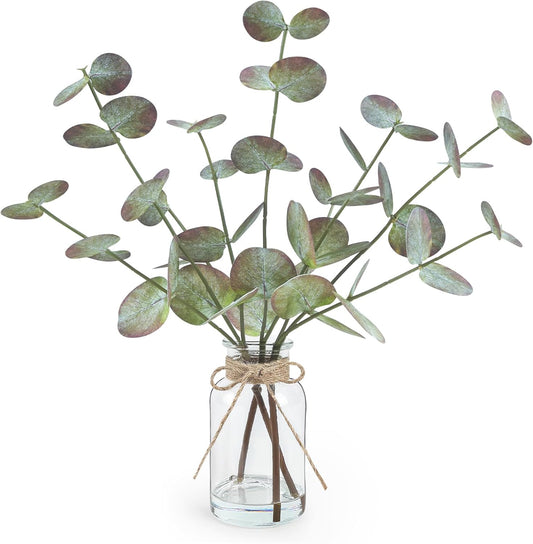 Fall Fake Eucalyptus Stems in Glass Vase with Faux Water 14" Fake Fall Plants with Artificial Eucalyptus Leaves Fall Decorations for Home Bathroom Desk Coffee Table Centerpiece Office Farmhouse Decor