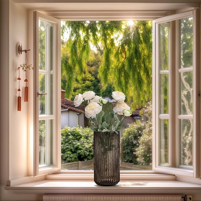 Ekirlin Amber 7.5 inch Flower Vase for Home Decor, Thickened Hand Blow Glass Vase Round Vintage Striped Bottles for Bookshelf,Dinner Table,Indoor Office Desktop,Meeting Room,Bathroom, Best Gift