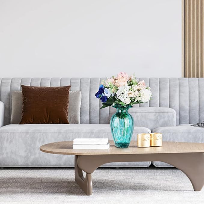 Blown Glass Art Vase - Green, Transparent, Unique, Modern - Wide Mouth for Living Room, Wedding, Dining Table, Office