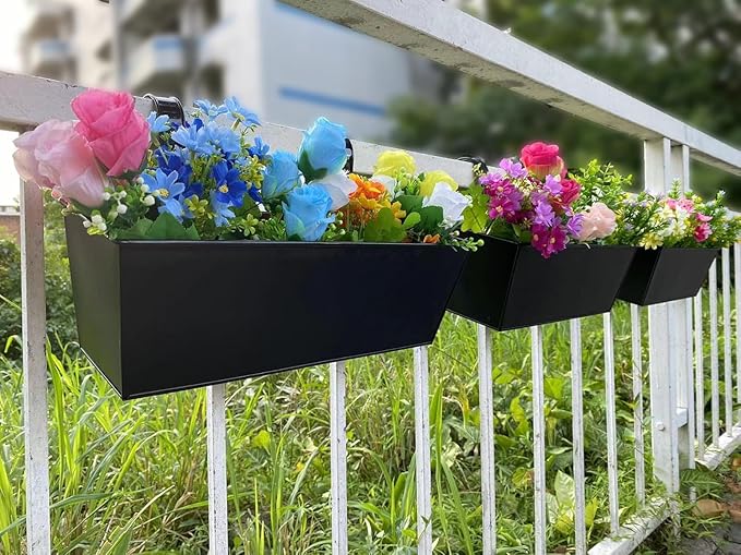 3 Pcs Large Hanging Flower Pots for Railing or Fence 16 Inch Railing Planter Box for Any Balcony Porch or Deck Countryside Style Window Planter Boxes Are Perfect to Herbs & Flowers (Black-5pcs)