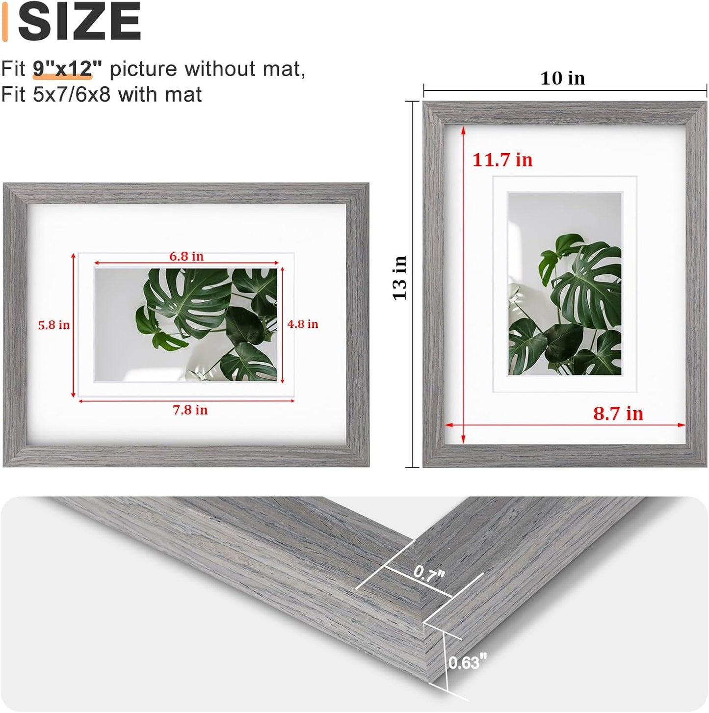 Egofine 9x12 Picture Frames Set of 4, Made of Solid Wood Covered by Plexiglass 5x7 and 6x8 with Mat or 9x12 without Mat, for Table Top Display and Wall Mounting Photo Frame Light Grey