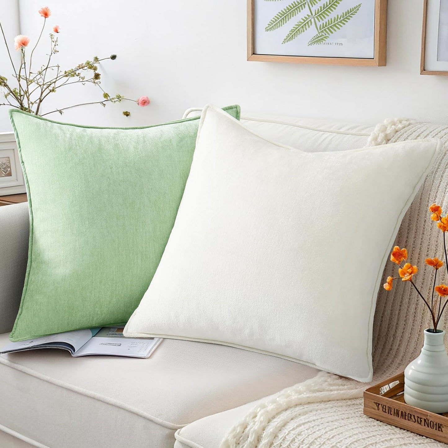 decorUhome Couch Throw Pillow Covers 26x26 Set of 2, Decorative Soft Euro Neutral Chenille Pillow Covers with Elegant Design for Sofa Bed Living Room Home Decor, Cream White