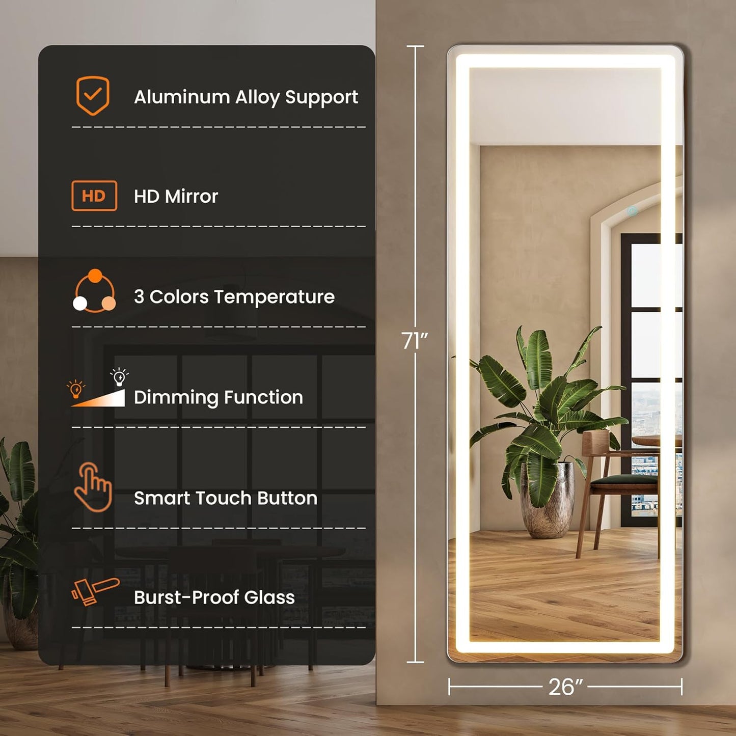 Full Length Mirror with Lights, 71" x 26" LED Floor Mirrors, Full Body Dressing Standing Mirrors with Dimming & 3 Color Lighting, Hanging Mounted Mirror for Living Room Bedroom Cloakroom