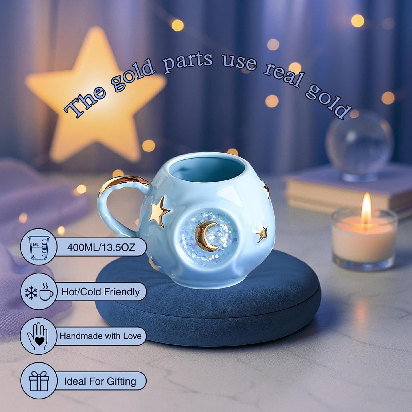 Handmade Coffee Cup 400ML with Fancy Tarot Star/Moon Design, Fashion Starry Sky Ice Coffee Cup, Gradient Pink Pottery Tea Cup for Home/Office (blue)