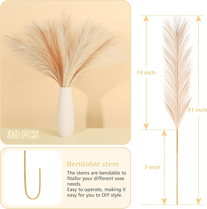 30 Pcs Pampas Grass Decor 21.7" Fluffy Faux Short Brown Pampas Grass Artificial Small Pompas Grass Flower Vase Filler for Home Wedding Living Room Wall Party Decoration
