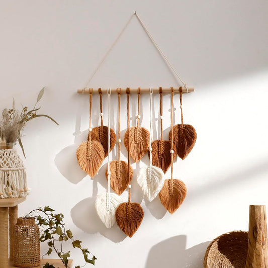Macrame Tapestry Wall Hanging - Hand Woven Boho Tapestry Fall Leaves Wall Decor, Small Tassels Brown Yarn Hanging Ornament Decor for Bedroom Living Room Dorm