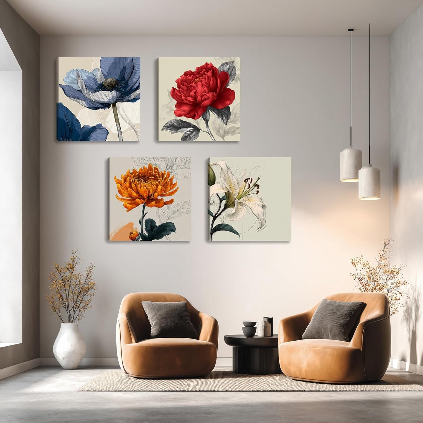 Framed Botanical Wall Art for Living Room Rustic Boho Floral Canvas Paintings Prints Flower Pictures for Farmhouse Hallway Bedroom Dining Room Bathroom Office Wall Decor ArtWork for Wall