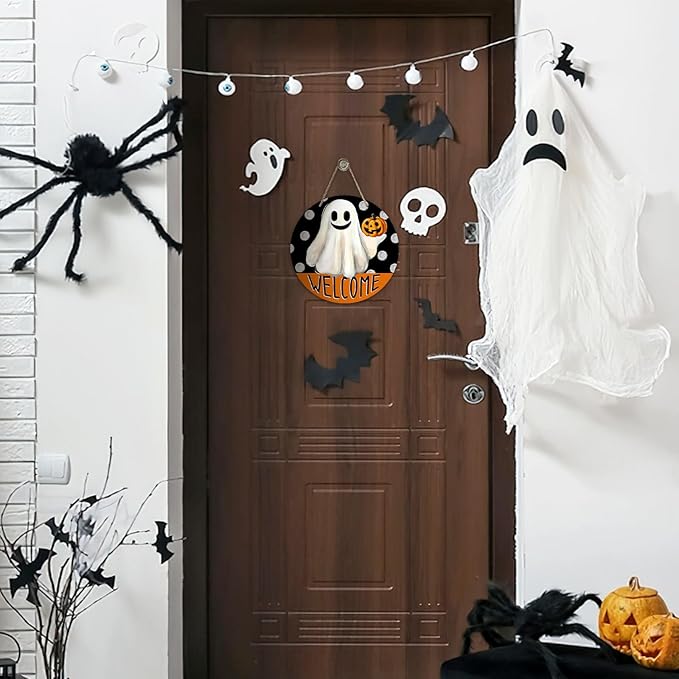 Welcome Halloween Spooky Ghost Front Door Sign, Scary Jack O Lantern Pumpkin Wood Hanger Outdoor Outside Porch Home Decor, Funny Polka Dots Wooden Wreath Indoor Wall Hanging Decoration