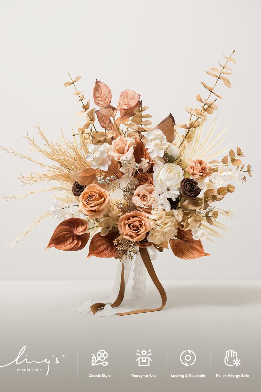 Ling's moment Boho Bridal Bouquet, Rustic Wedding Bouquets for Bride, 17 Inch Silk Free Form Fall Terracotta Artificial Wedding Flower Bouquet