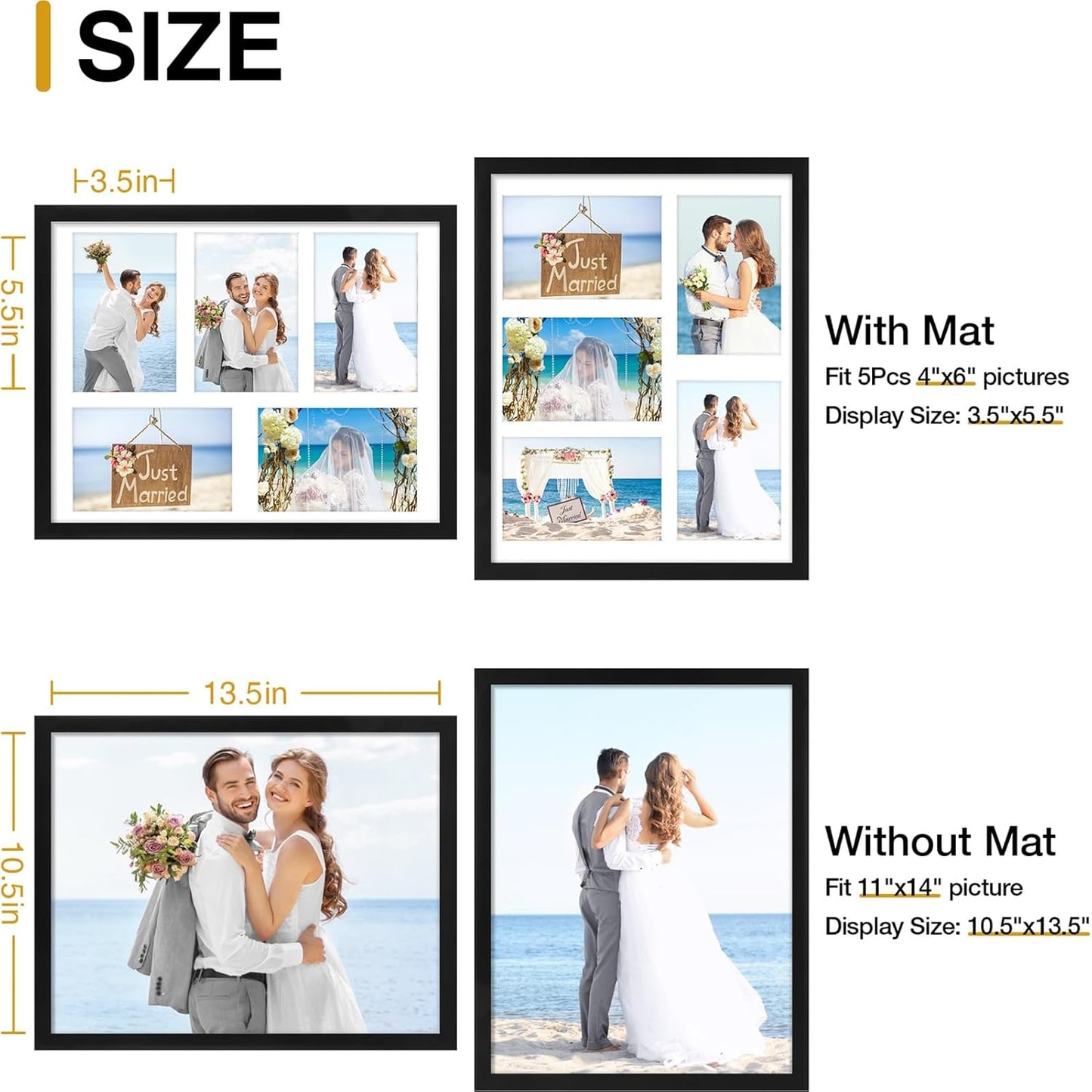 decorUhome 11x14 Picture Frames Collage Wall Decor, Display 5Pcs 4x6 Photos with Mat or 1Pcs 11x14 Unmatted, 5 4x6 Collage Picture Frames for Wall Mounting, Black