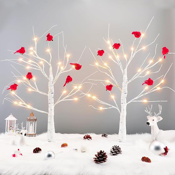 2 Pcs 2 ft Birch Tree with LED Lights for Christmas Decor Indoor with 12 Pcs Mini Cardinal Clips on Tree Ornament Lighted Birch Tree Battery Powered for Home Table Centerpiece Mantel Decor