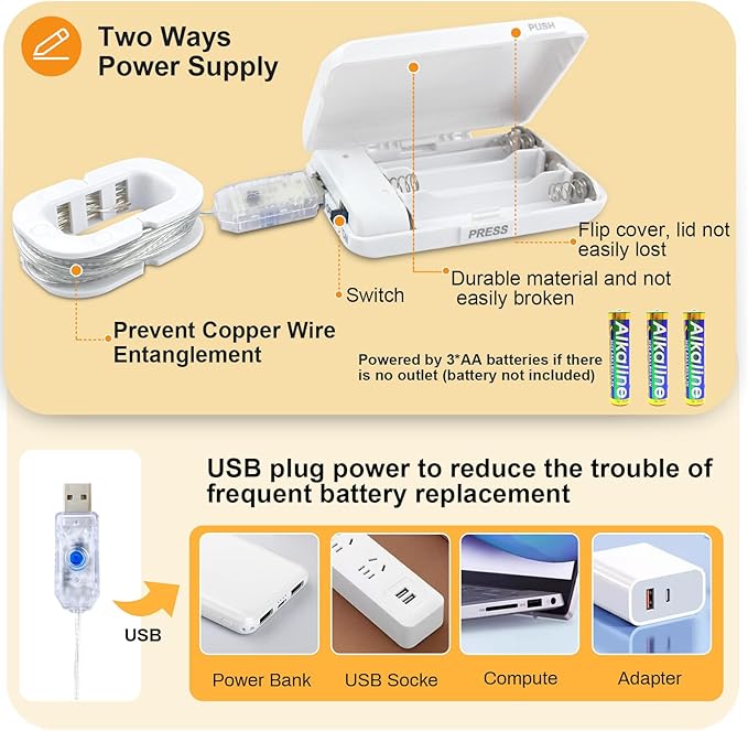 ZGWJ USB Fairy Lights Battery Powered Dual Power with Remote Timer, 2 Pack 50 LED 16FT Twinkle String Lights 8 Modes Waterproof for Bedroom,Halloween,Christmas,Parties Wedding Decoration Warm White