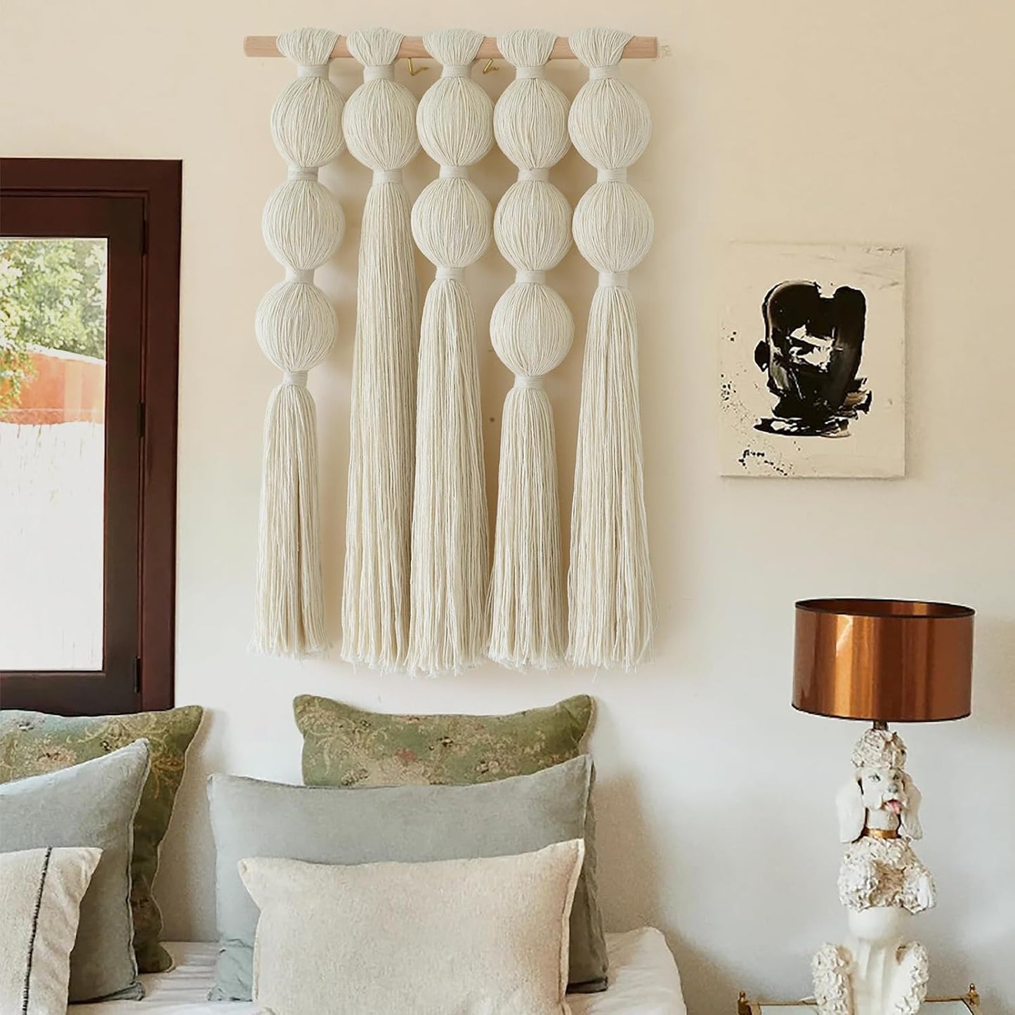 Macrame Wall Hanging with Geometric Yarn Spheres, Handwoven Cotton Tassel Art for Boho Bedroom or Living Room Wall Decor 15.7" W x 19.6" L