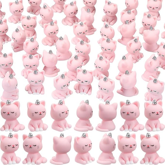 50 Pcs Mini Unicorn Cat Figurines Mini Resin Figurines Little Pink Cat Figurine to Hide for Fairy Garden Decor, Dollhouse, Cake Topper, Birthday Party Gifts