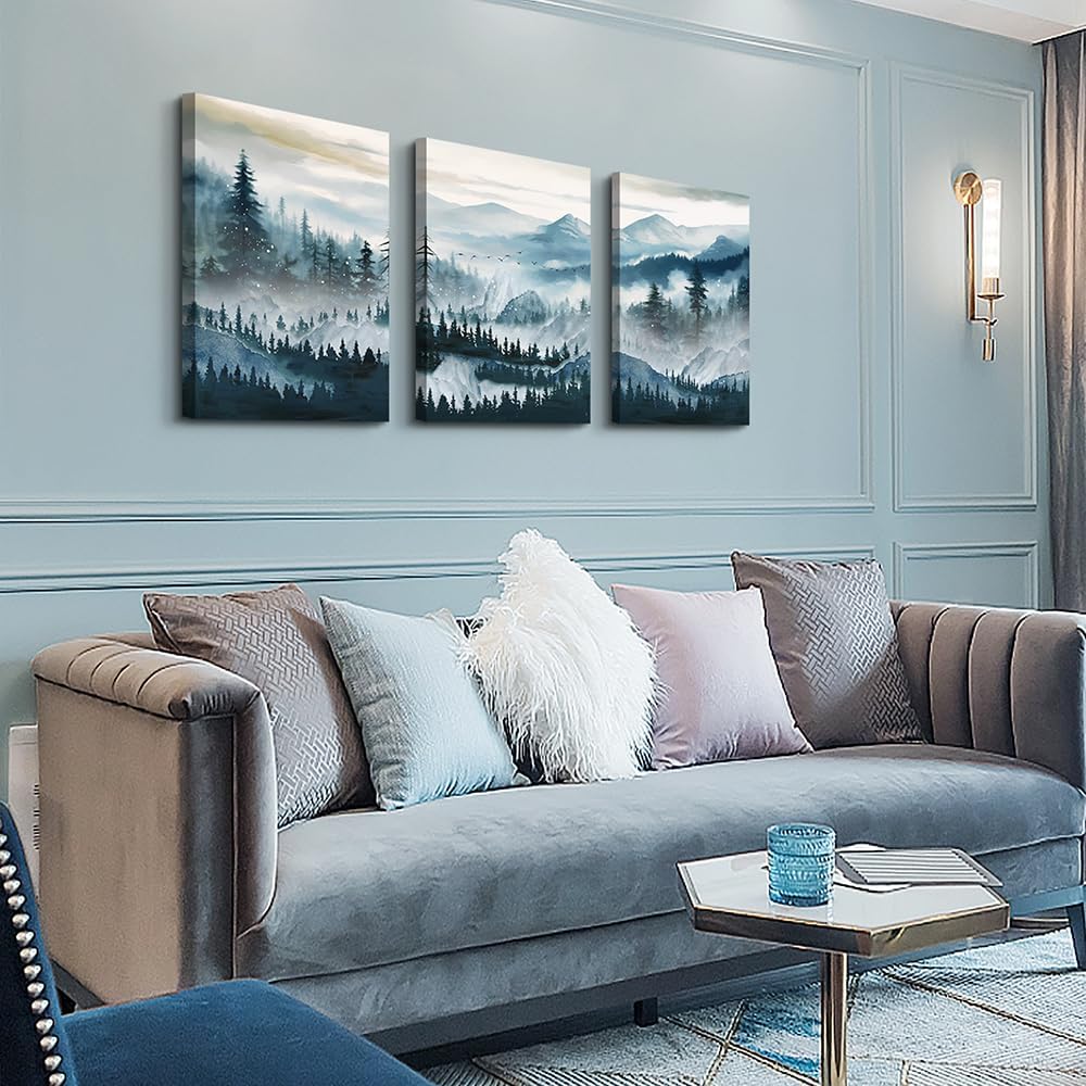 MHARTK66 Framed Wall Art For Living Room Canvas Wall Decor For Bedroom Office Decoration Fog Mountain Forest Posters Landscape Wall Painting Print Pictures Artworks Ready to Hang Home Decor 3 Piece