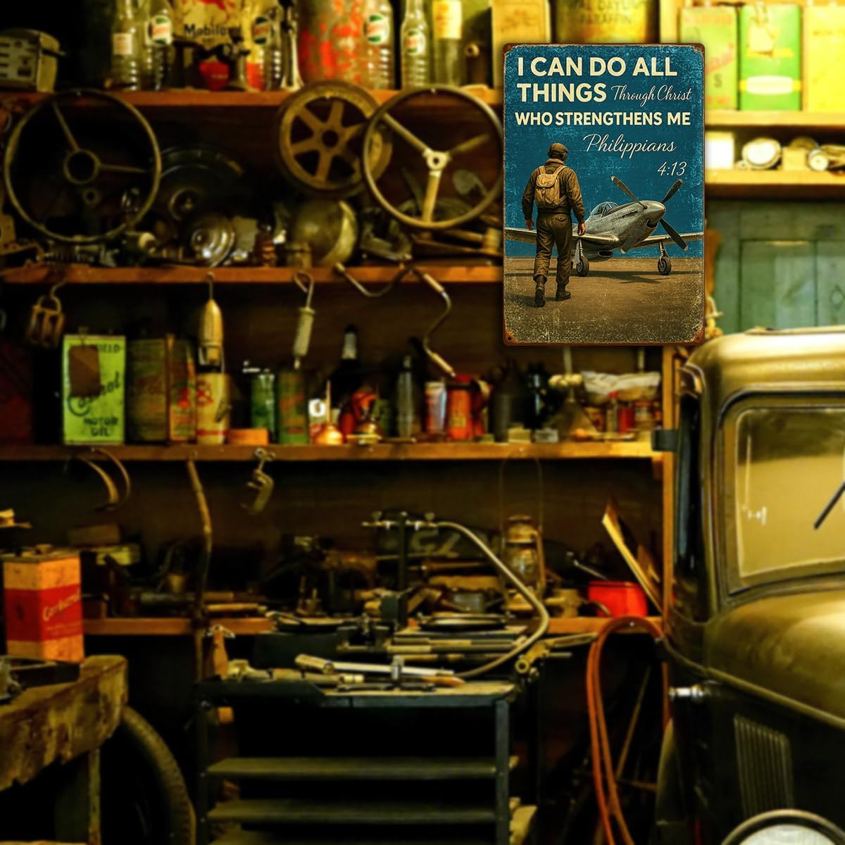 Inspirational Vintage Airplane Wall Decor – “I Can Do All Things Through Christ” Retro Tin Sign for Boys Room, Aviation Lovers, or Man Cave – 8x12 Inch Christian Metal Wall Art