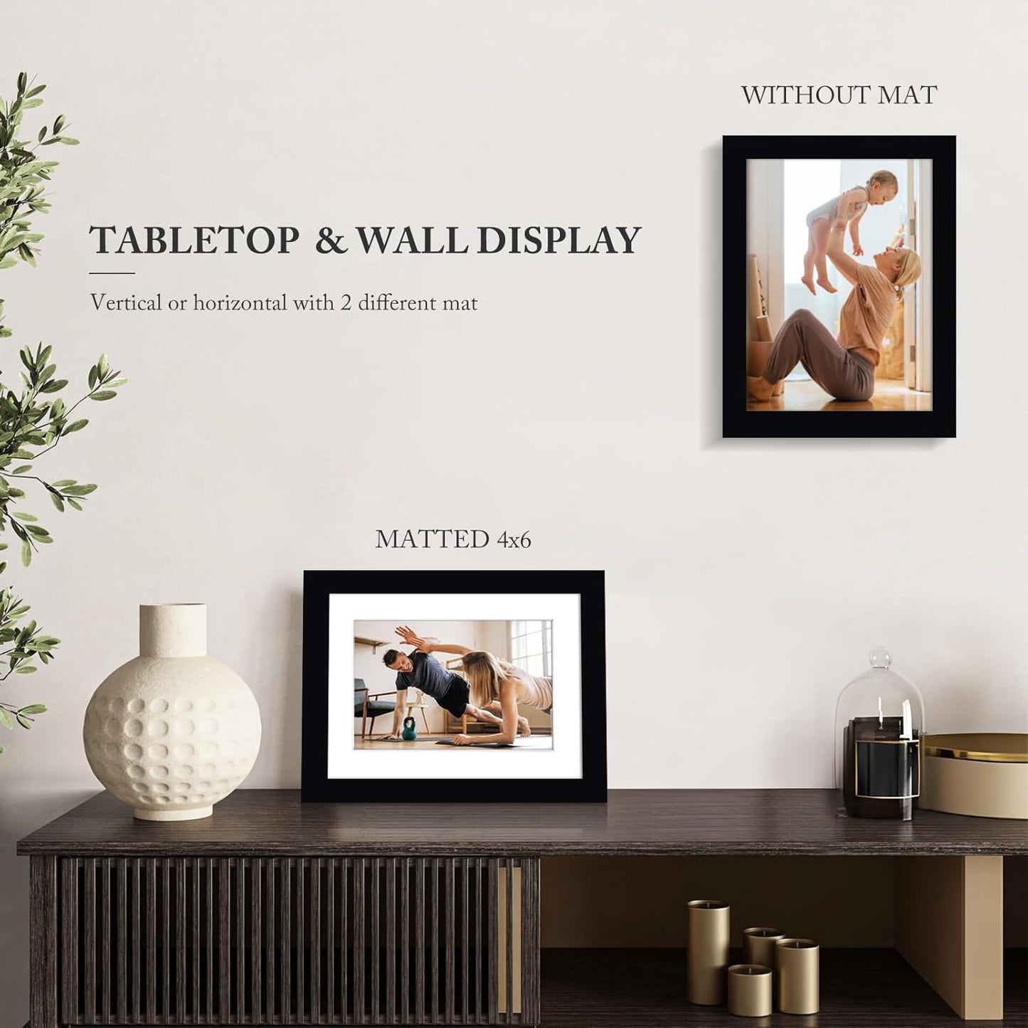 KINLINK 6x8 Picture Frame Black, Solid Wood Frames with Acrylic Plexiglass for Pictures 4x6 with Mat or 6x8 without Mat, Tabletop and Wall Display Photo Frame, Set of 4