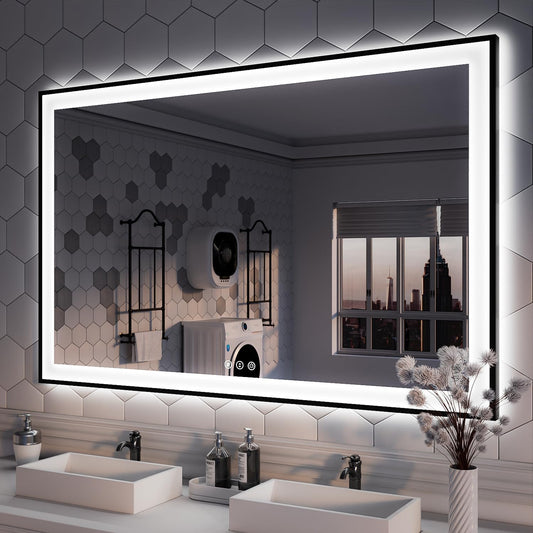 ISKM Framed LED Mirror for Bathroom 55"x40", Dimmable LED Bathroom Mirror with Lights, Anti-Fog, Front and Backlit Lighted Mirror 3-Colors, Shatterproof, Memory Function