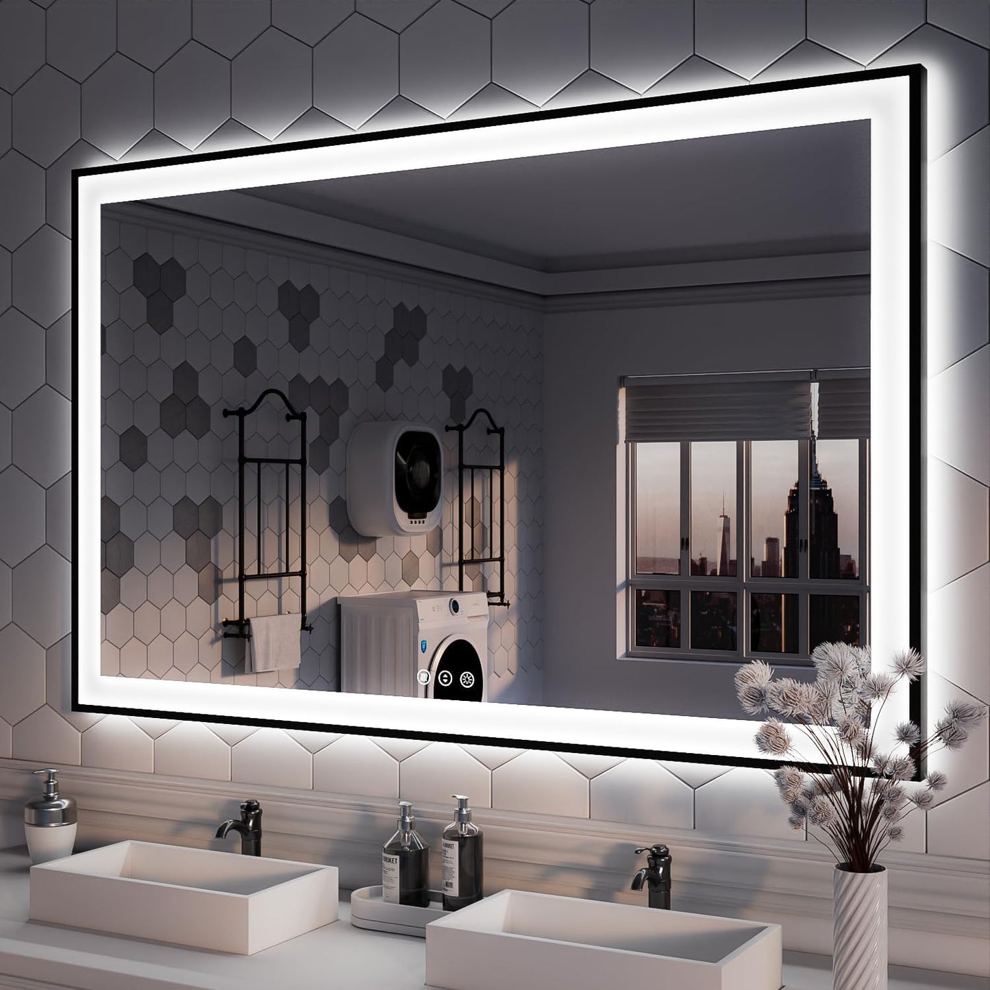 ISKM Framed LED Mirror for Bathroom 55"x36", Dimmable LED Bathroom Mirror with Lights, Anti-Fog, Front and Backlit Lighted Mirror 3-Colors, Shatterproof, Memory Function