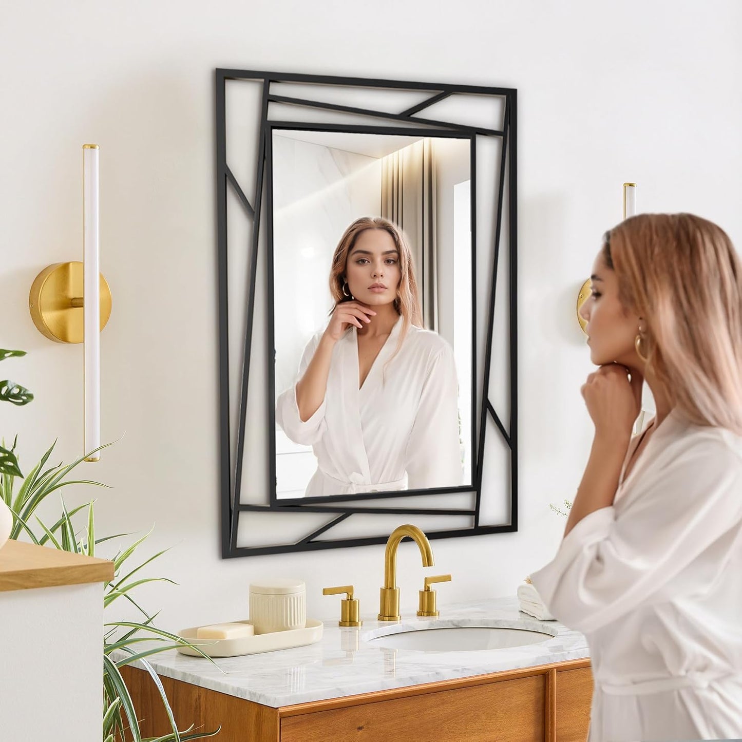 Black Bathroom Mirror 36''X24'' Rectangle Decorative Wall Mirrors with Geometric Metal Frame for Bathroom, Living Room, Bedroom, Entrance, Horizontal/Verticall, Easy to Install