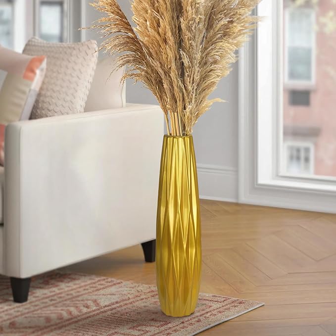 Gold Ceramic Tall Floor Vase,17.7 Inch Large Modern Flower Vases for Home Décor,Wicker Big Floor Vase Decorations for Farmhouse, Living Room,Bedroom,Standing Plastic Vase Decorative Tall