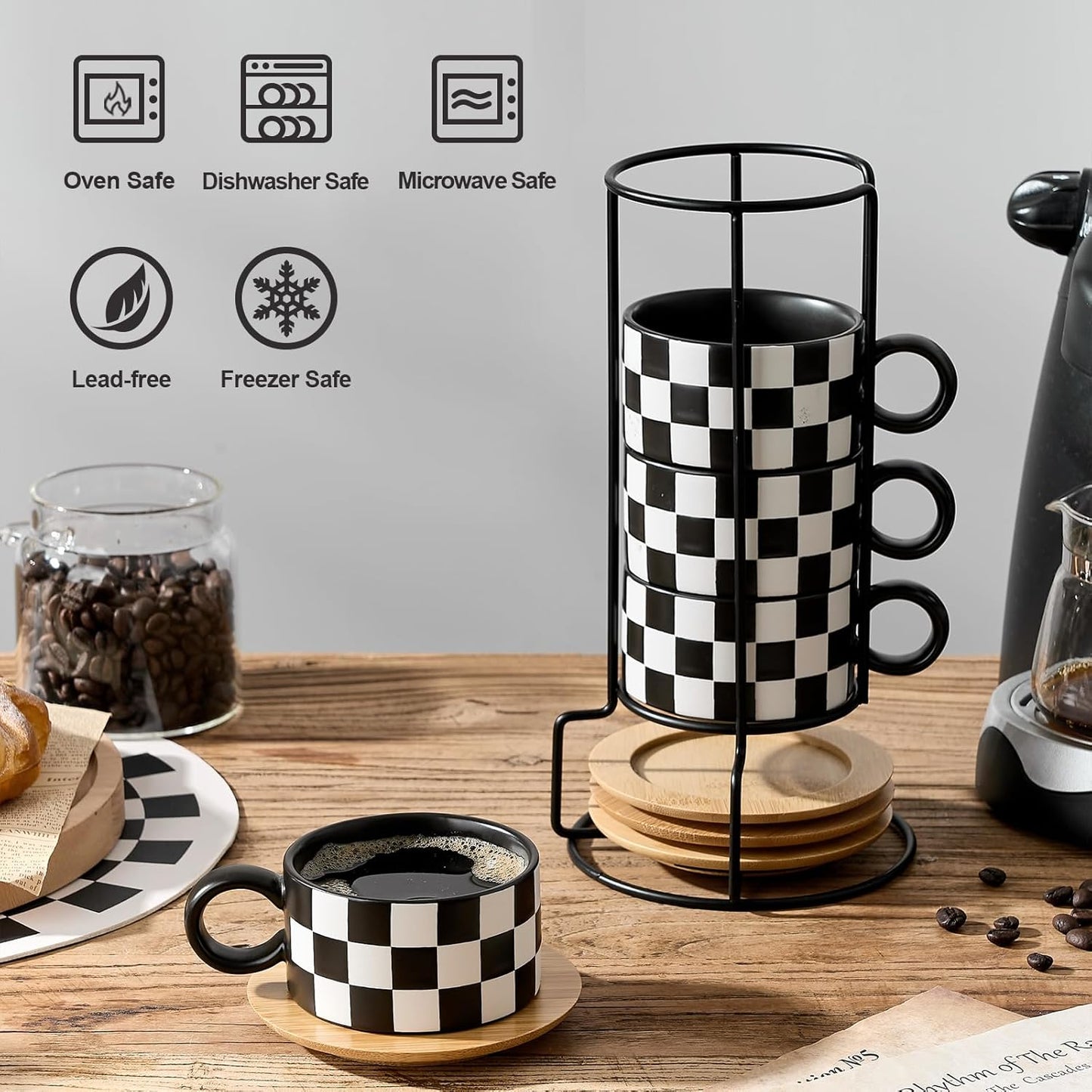 LUKA 6 Ounce Ceramic Stackable Black and White Checkered Espresso Cups with Saucers and Metal Stand Set of 4, Cappuccino Cups Set for Coffee Drinks, Latte, Cafe Mocha and Tea, Black Interior