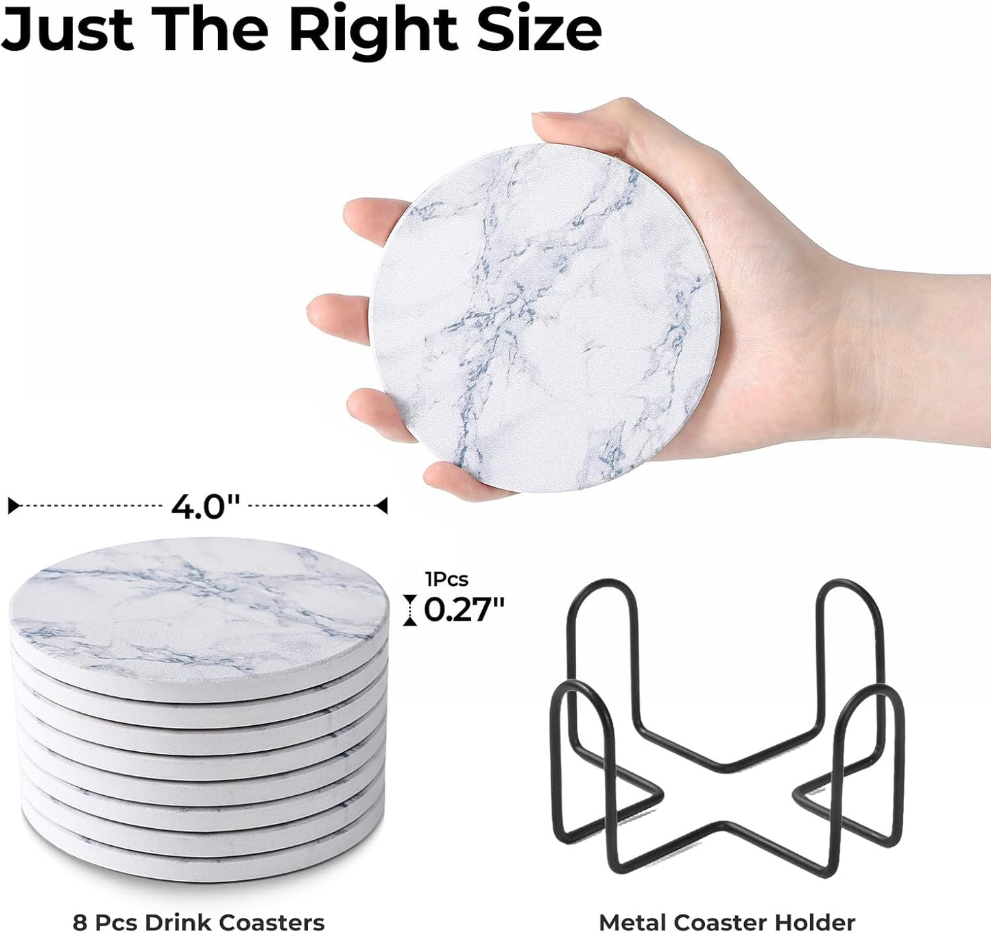 LIFVER Coasters Set of 8 for Drinks, White Marble-Style Anti-Slip Absorbent Drink Coasters with Holder, Modern Marble Stone Coaster for Home Patio Decor Coffee Bar Accessories Ideal Housewarming Gifts