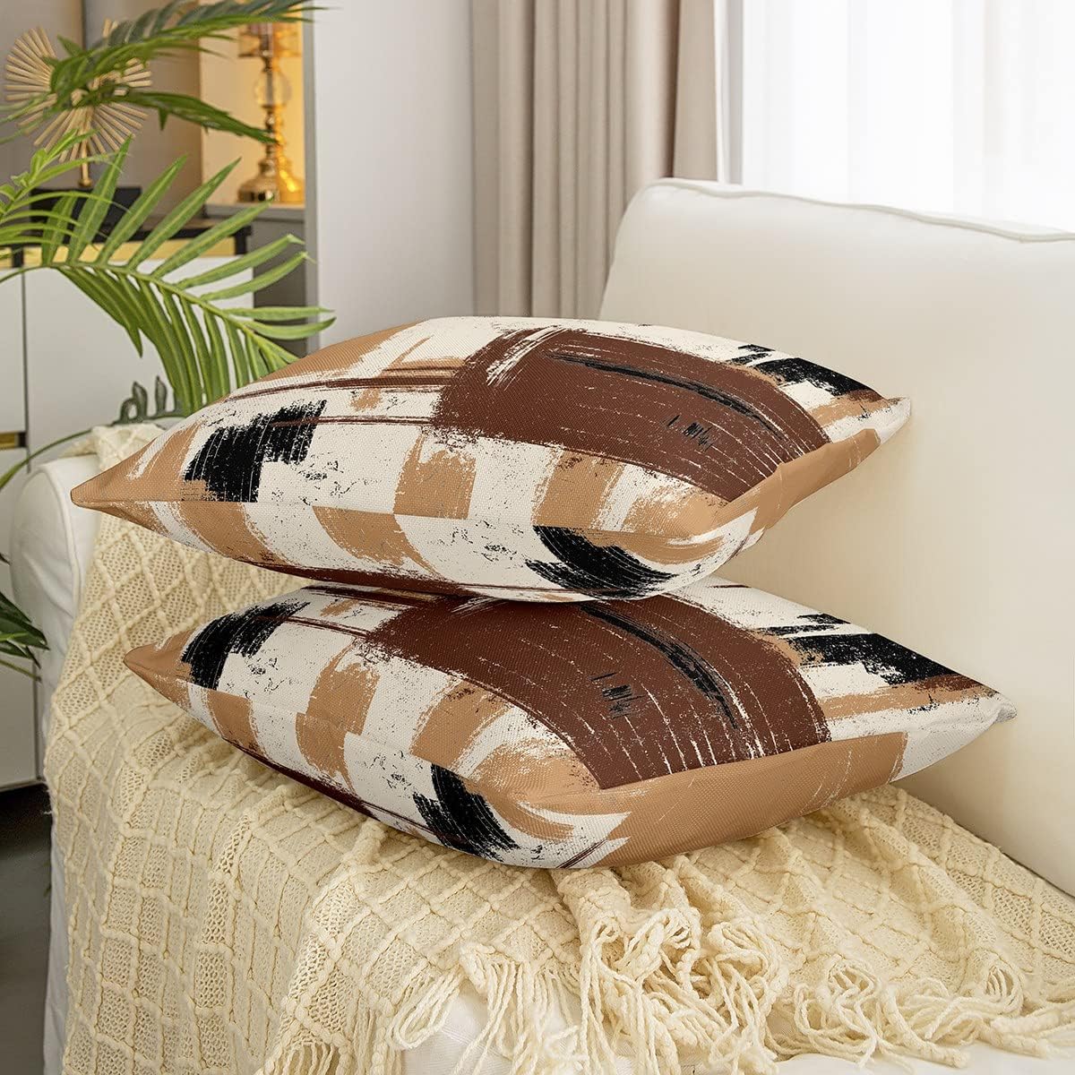 Feelyou Abstract Throw Pillow Covers for Couch Sofa Bed, Set of 2 Modern Abstract Art Decorative Pillows Cushion Covers, Grey Brown Black Pillow Inserts Not Included, 18x18 inch