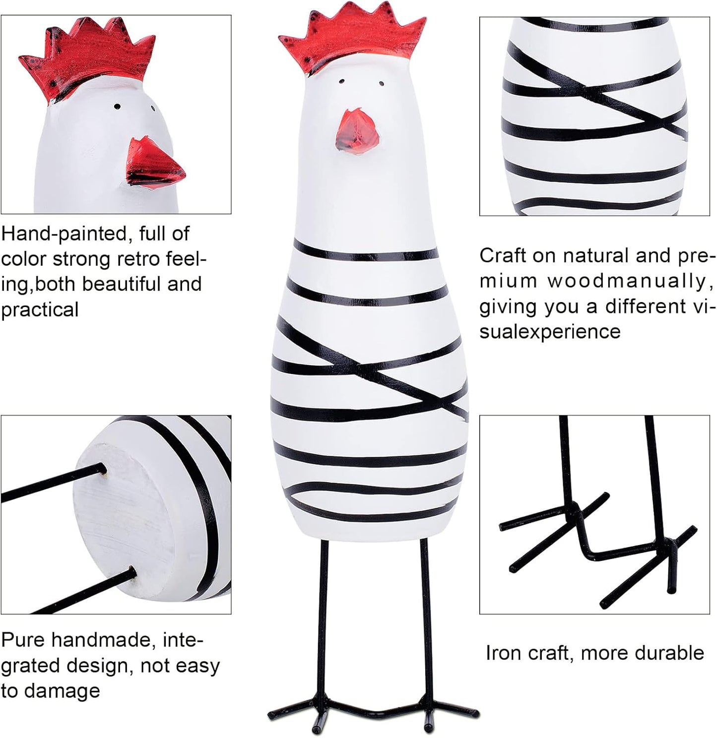 Berry President Cute Wood Wooden Chicken Chook Carving Figurines for Home Decor, Rooster Kitchen Decor, Living Room Decorations,Pack of 3 Pcs (White)