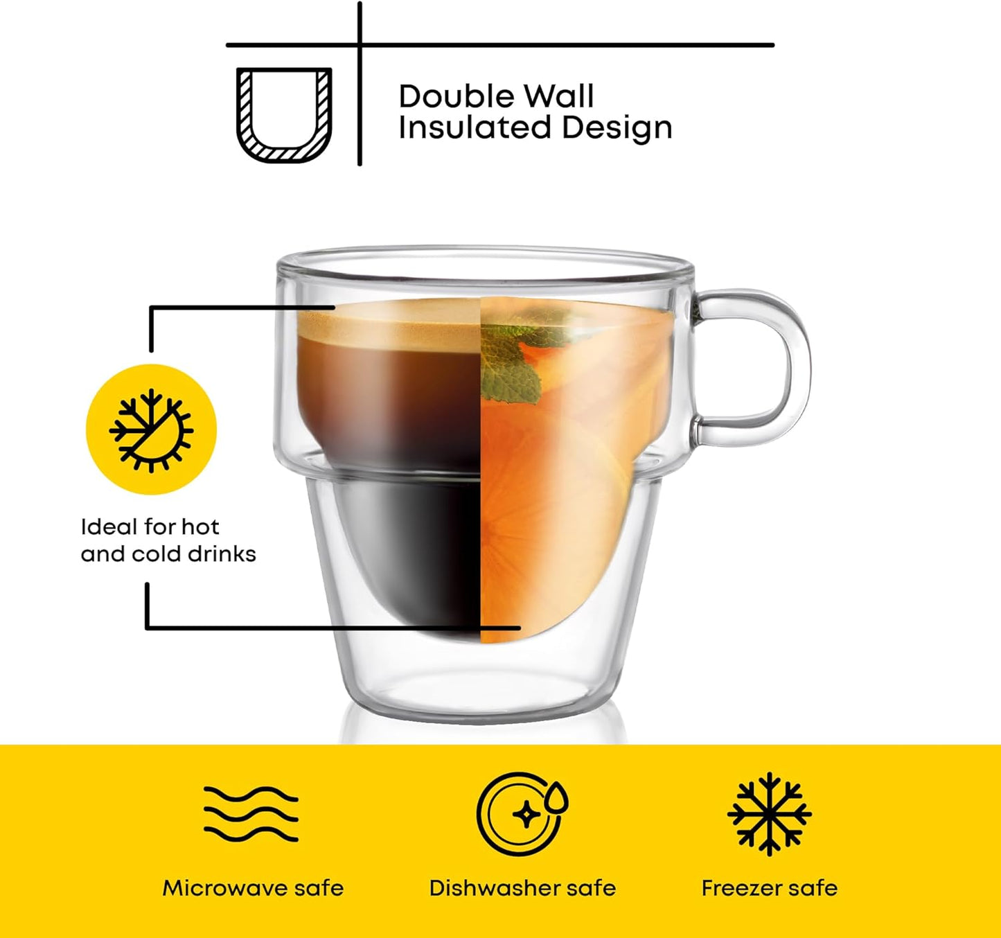 JoyJolt Stoiva Double Wall Insulated Espresso Glass Cups – 5 oz. (150 ml) Shot Cup with Handle – Stackable Thermal Clear Glass Cups, Fit for Espresso Machine and Coffee Maker – Set of 4