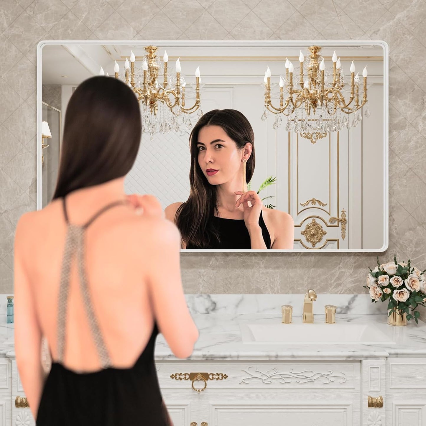 LOAAO 55x36 Inch White Metal Framed Bathroom Mirror for Wall, White Bathroom Vanity Mirror Farmhouse, Large Rounded Rectangle Mirror, Anti-Rust, Tempered Glass, Hangs Horizontally or Vertically