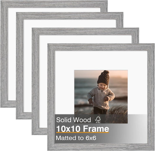 KINLINK 10x10 Picture Frame, Grey Square Solid Wood Frames for Pictures 6x6 with Mat or 10x10 without Mat, Wall and Tabletop Display Photo Frames Grey Wood 4 Pack