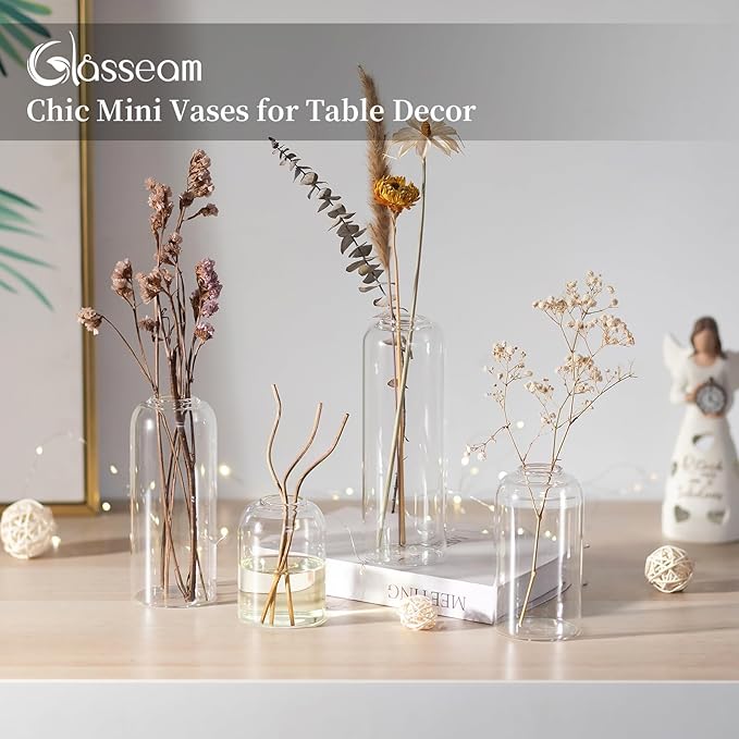Glasseam Glass Bud Vase for Centerpieces, 4pcs Small Flower Vase Set for Single Rose Bouquet, Modern Minimalis Clear Table Centerpieces for Home Decor Living Room Bathroom Kitchen Wedding Party