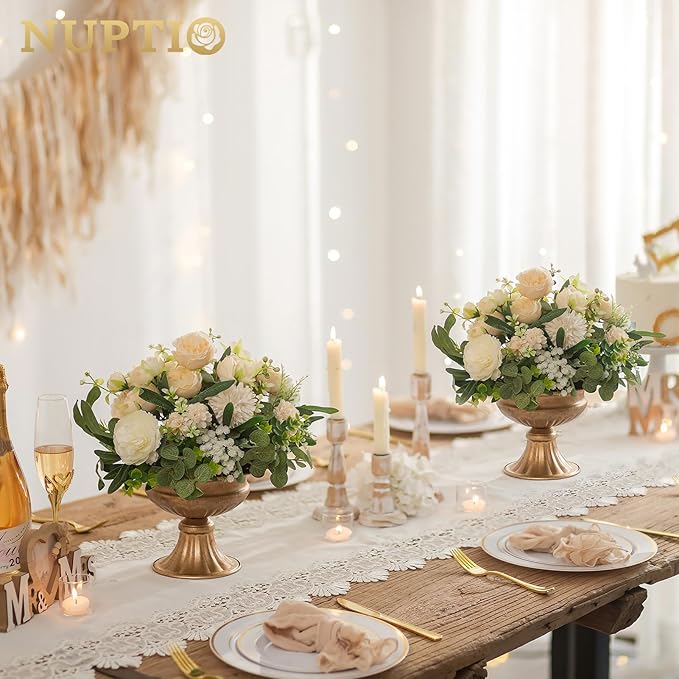 NUPTIO Distressed Gold Vases for Centerpieces: 10 Pcs Small Compote Vases for Flowers - Metal Pedestal Bowl Decor for Wedding Table Home