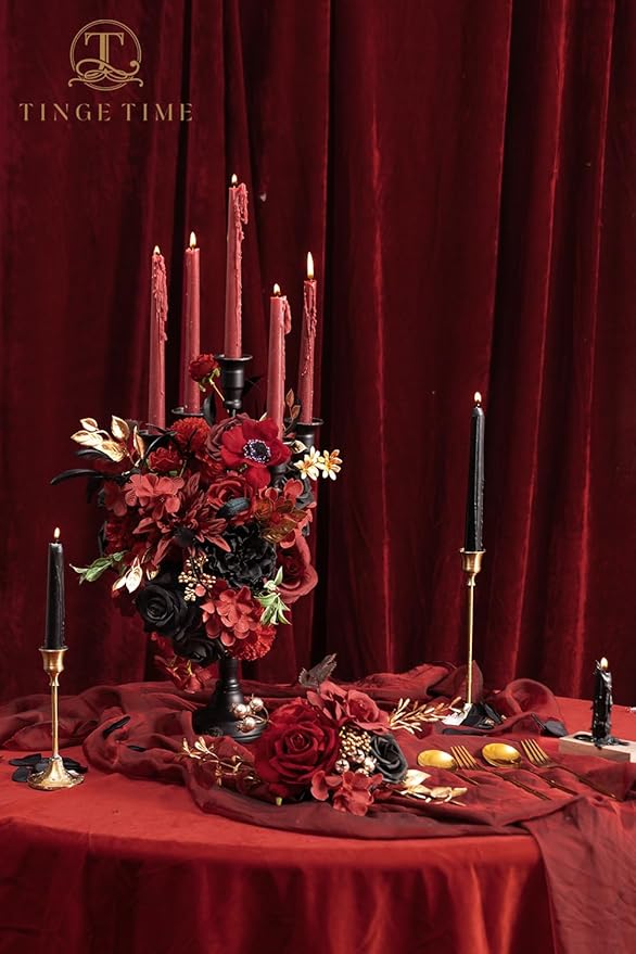 TINGE TIME Fake Flowers Artificial Flowers Peonies Bulbous Chrysanthemum Daisy Hydrangea Sunflower Violets Dahlia Daffodils Epiphyllum Orchid Cherry Blossom Camellia Leyaron (Gothic Black and Red)