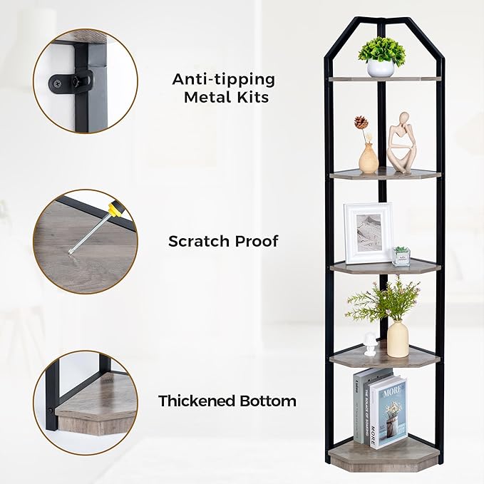 Fun Memories 5 Tier Corner Shelf, 70” Corner Shelf Stand, Corner Bookshelf Plant Stand, Storage Shelf for Bathroom, Living Room, Kitchen,Grey Home Office, Grey