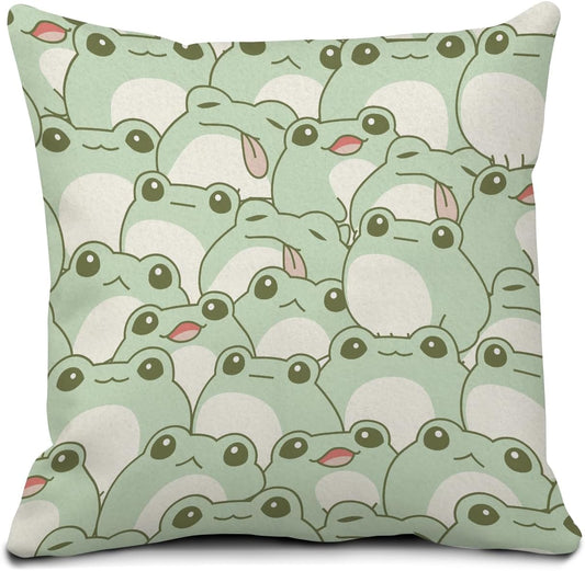 Decorative Throw Pillow Covers 18x18 Inch, Cute Home Decor for Living Room Outdoor Funny Pillowcase Polyester Cushion Case Green Frog Pattern
